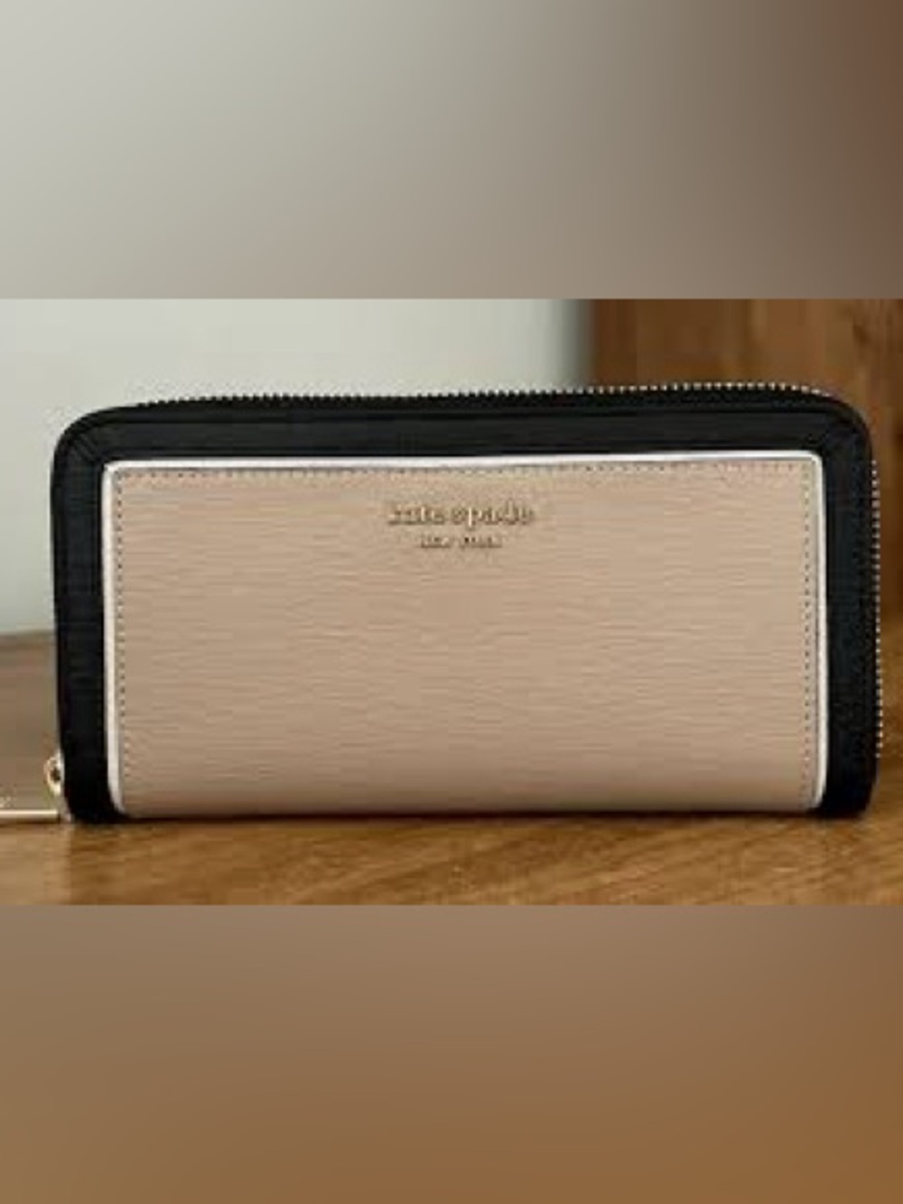 kate spade Neutral Beige Zip Wallet with Gold Logo